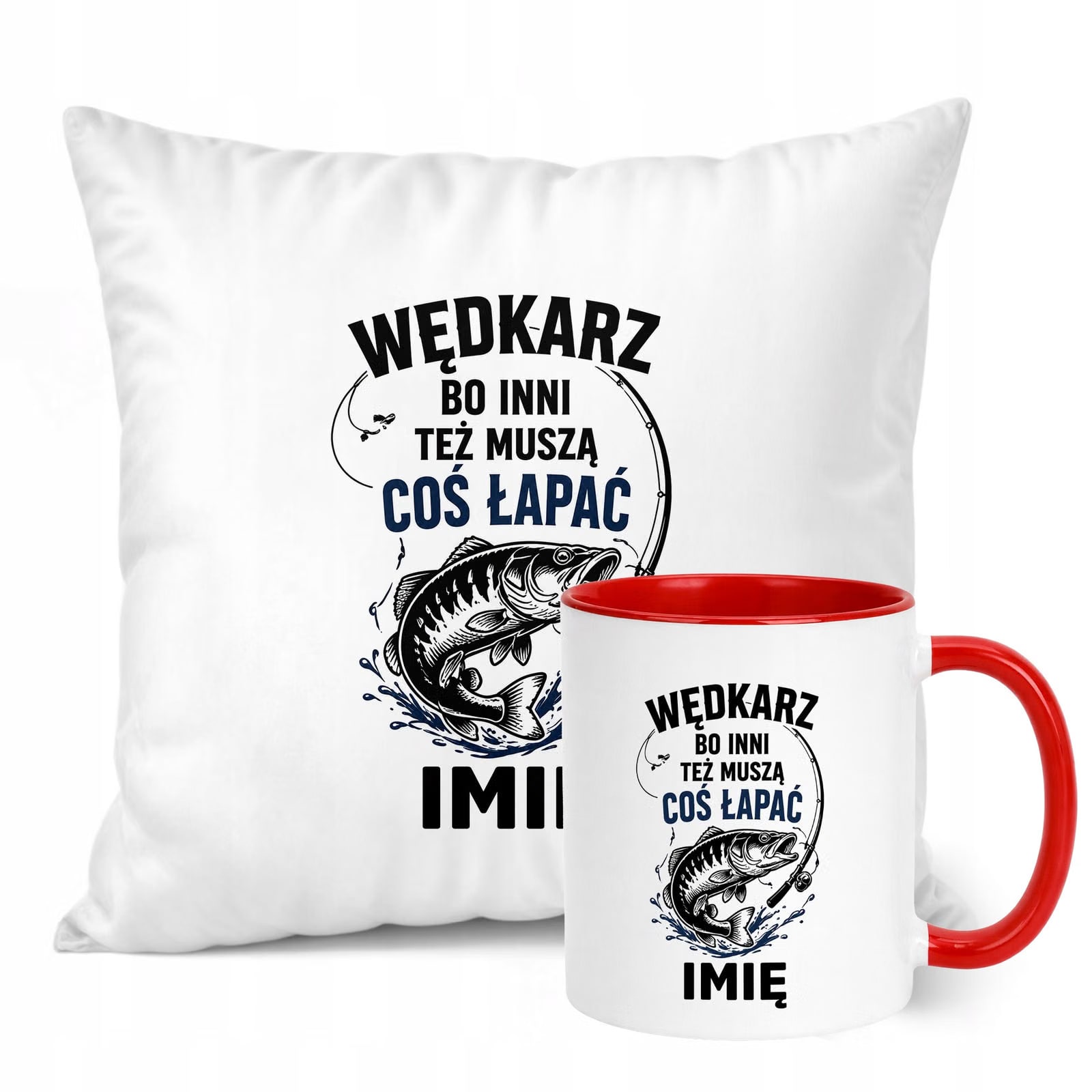 Zestaw Personalizowany Kubek Czerwony Poduszka Z Nadrukiem Dla Wędkarza