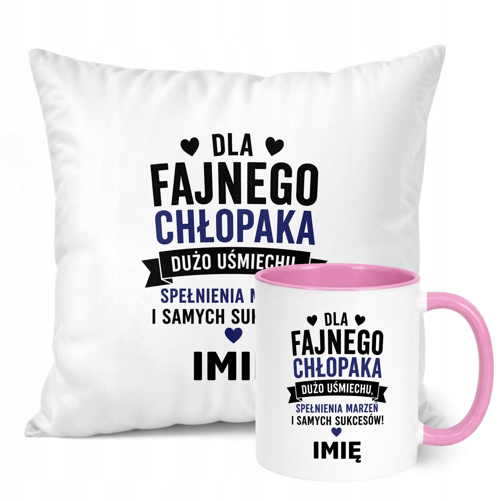 Zestaw Personalizowany Kubek Różowy Poduszka Dzień Chłopaka Z Nadrukiem