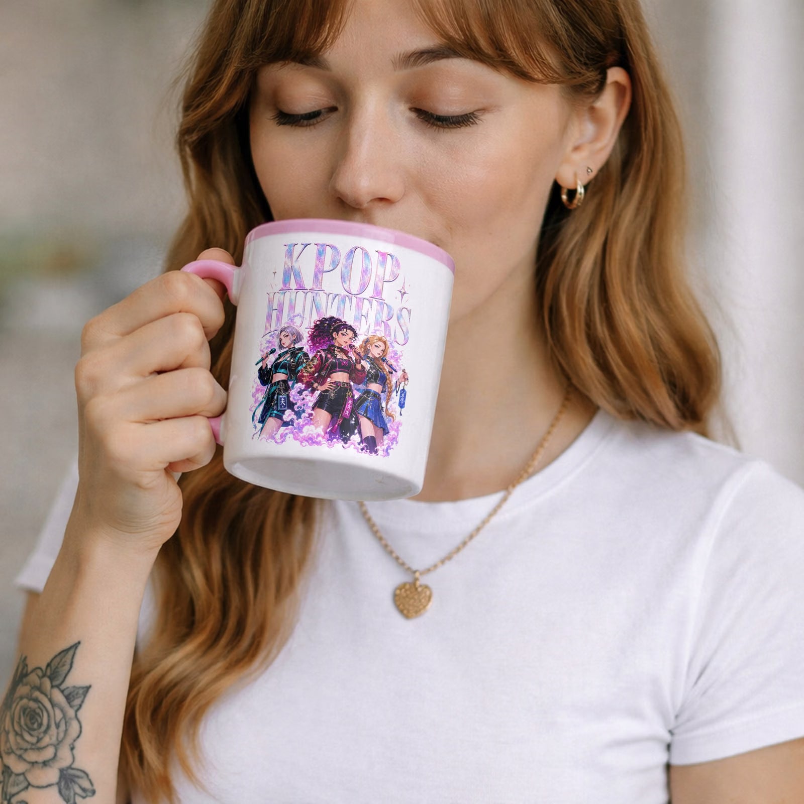 Zestaw Kubek Różowy Poduszka Z Nadrukiem ŁOWCZYNIE KPOP Prezent
