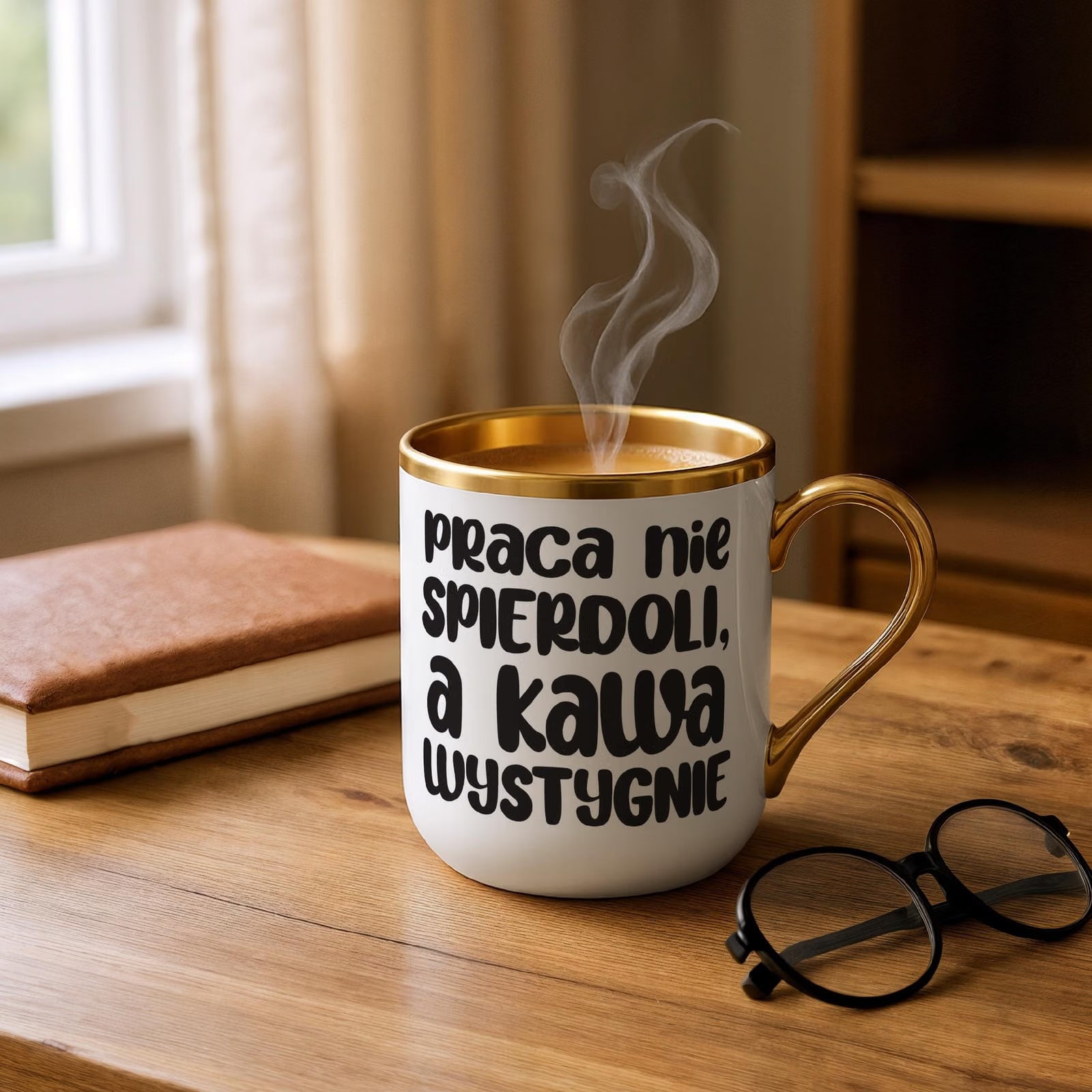 Kubek Premium Złoty Praca Nie Spie***li A Kawa Wystygnie Zabawny Prezent