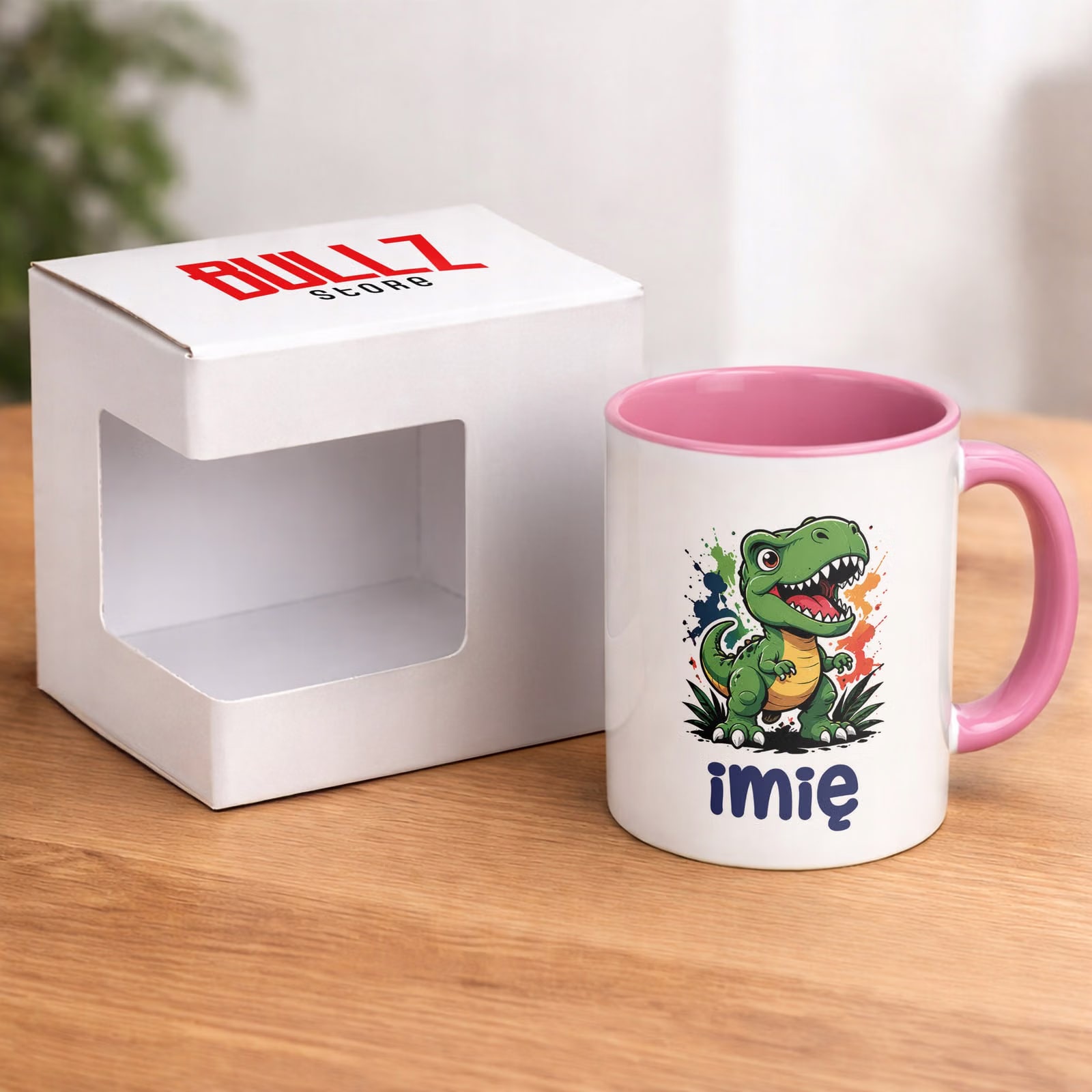 Kubek Różowy z nadrukiem personalizowany Dinozaur Dla Dzieci Prezent