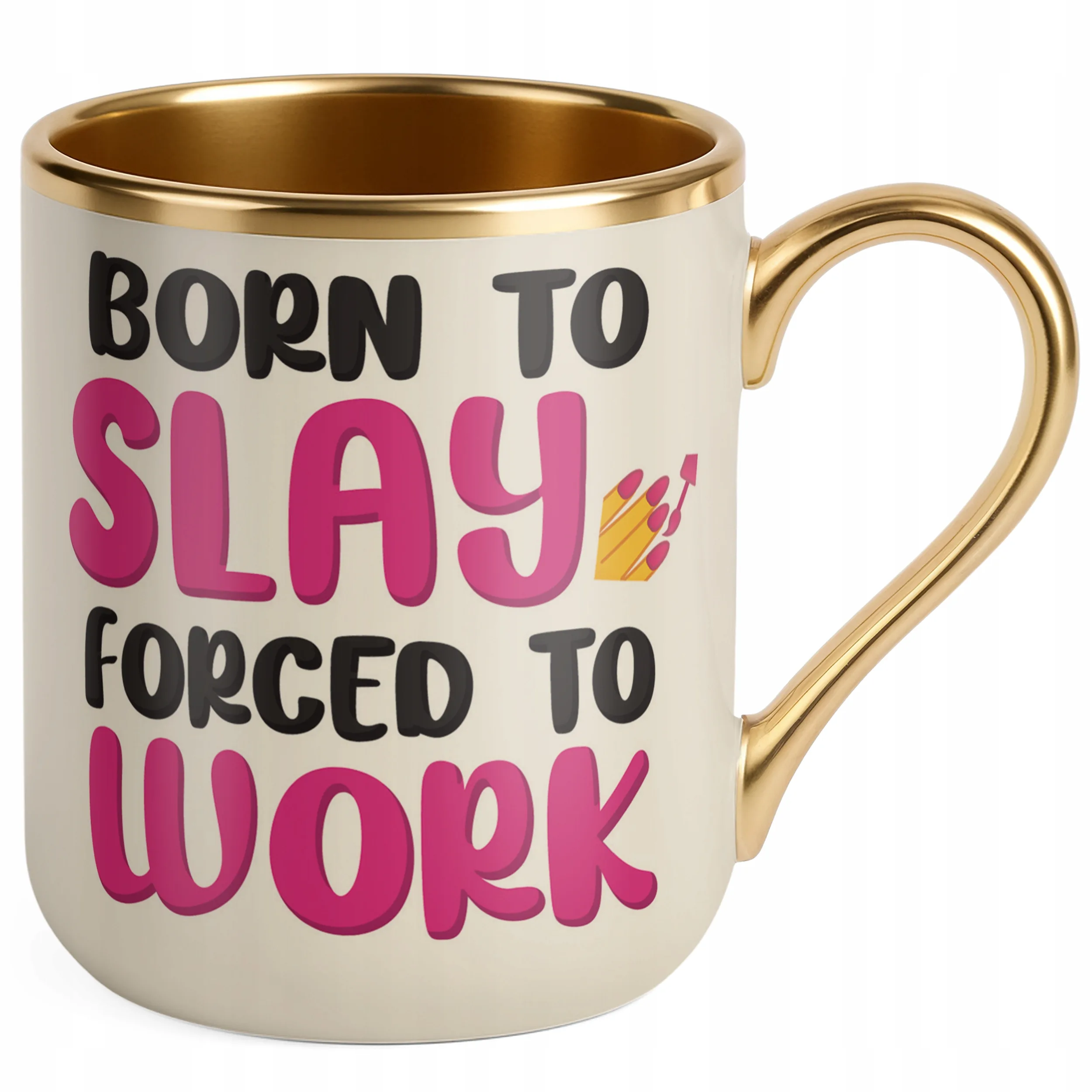 Kubek Premium Złoty Ecru Born To Slay Forced To Work Śmieszny Zabawny