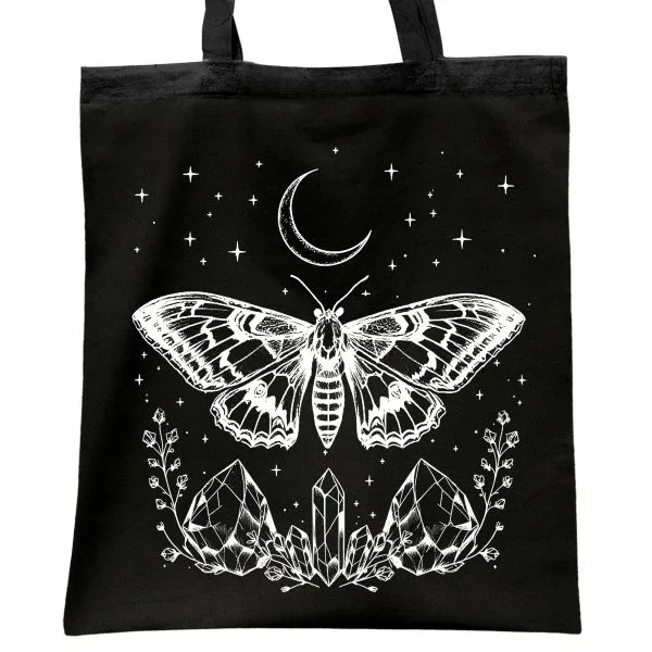 Torba bawełniana czarna na zakupy Kryształy Motyl Księżyc Magia
