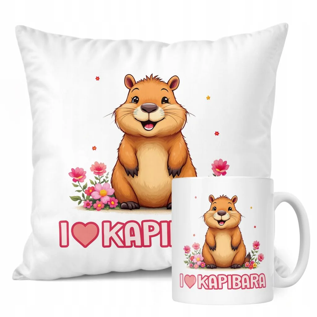 Zestaw Kubek + Poduszka Kapibara Capybara Zwierzak Słodki Dla Dzieci