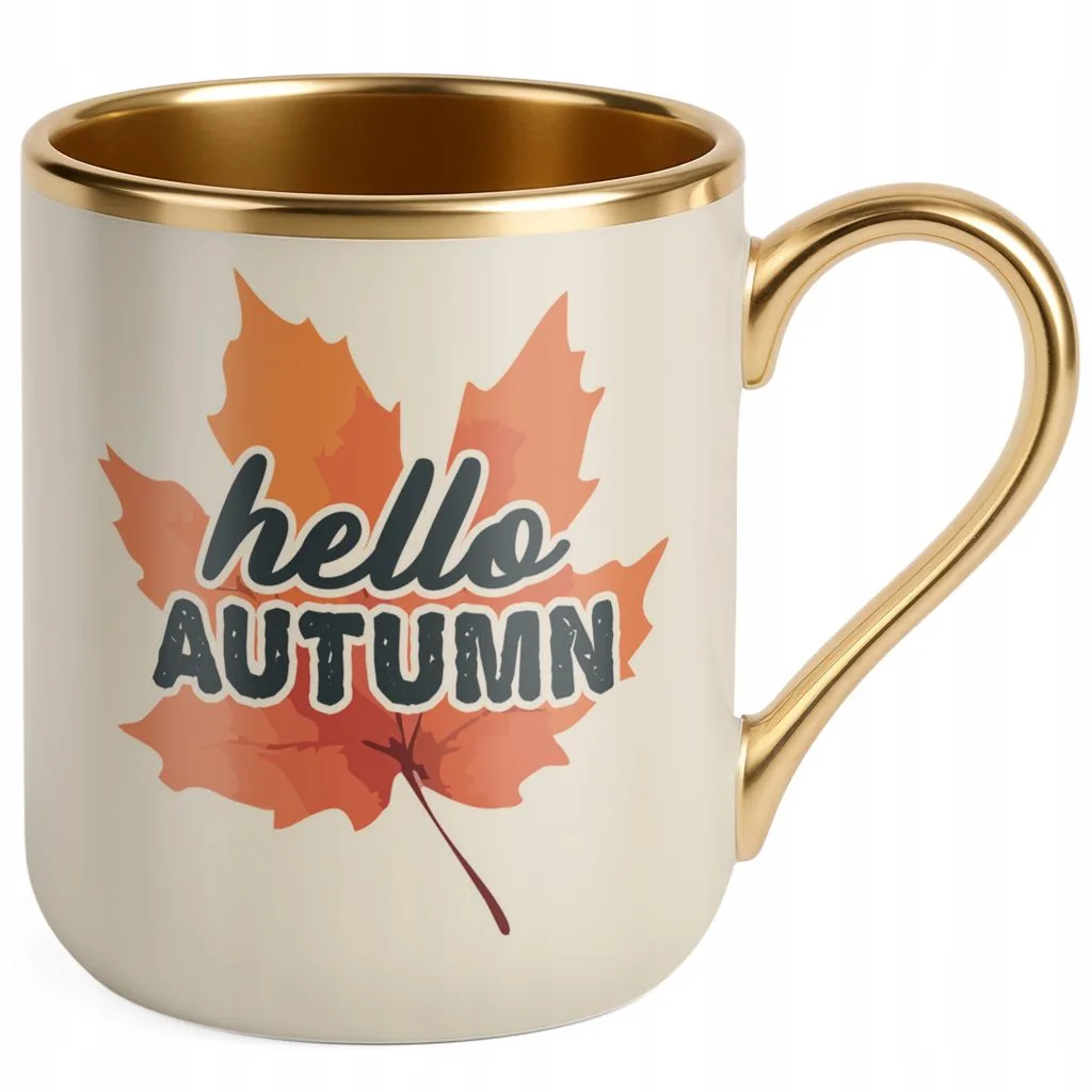 Kubek Premium Złoty Ecru Jesienny Jesień Hello Autumn Liść Prezent