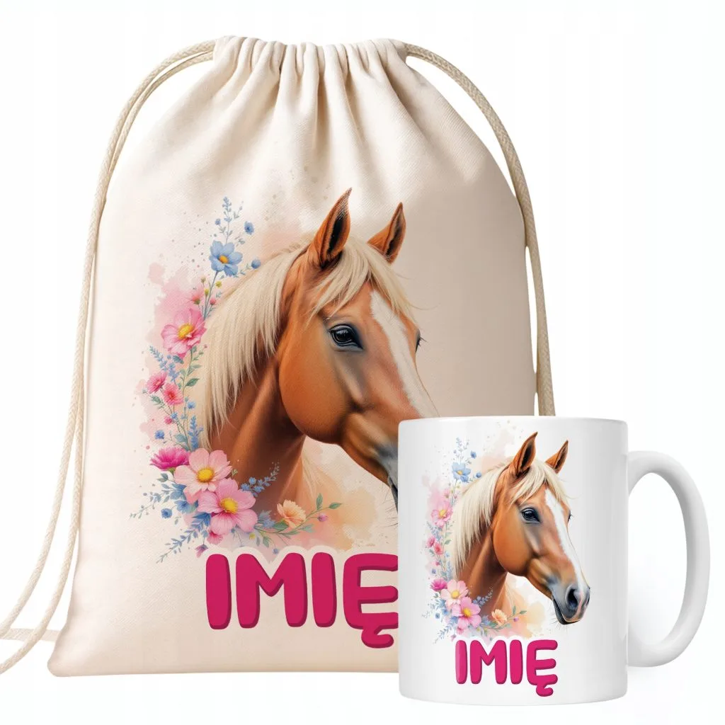 Zestaw personalizowany Kubek + Plecak Z Koniem Koń Słodki Dla Koniar