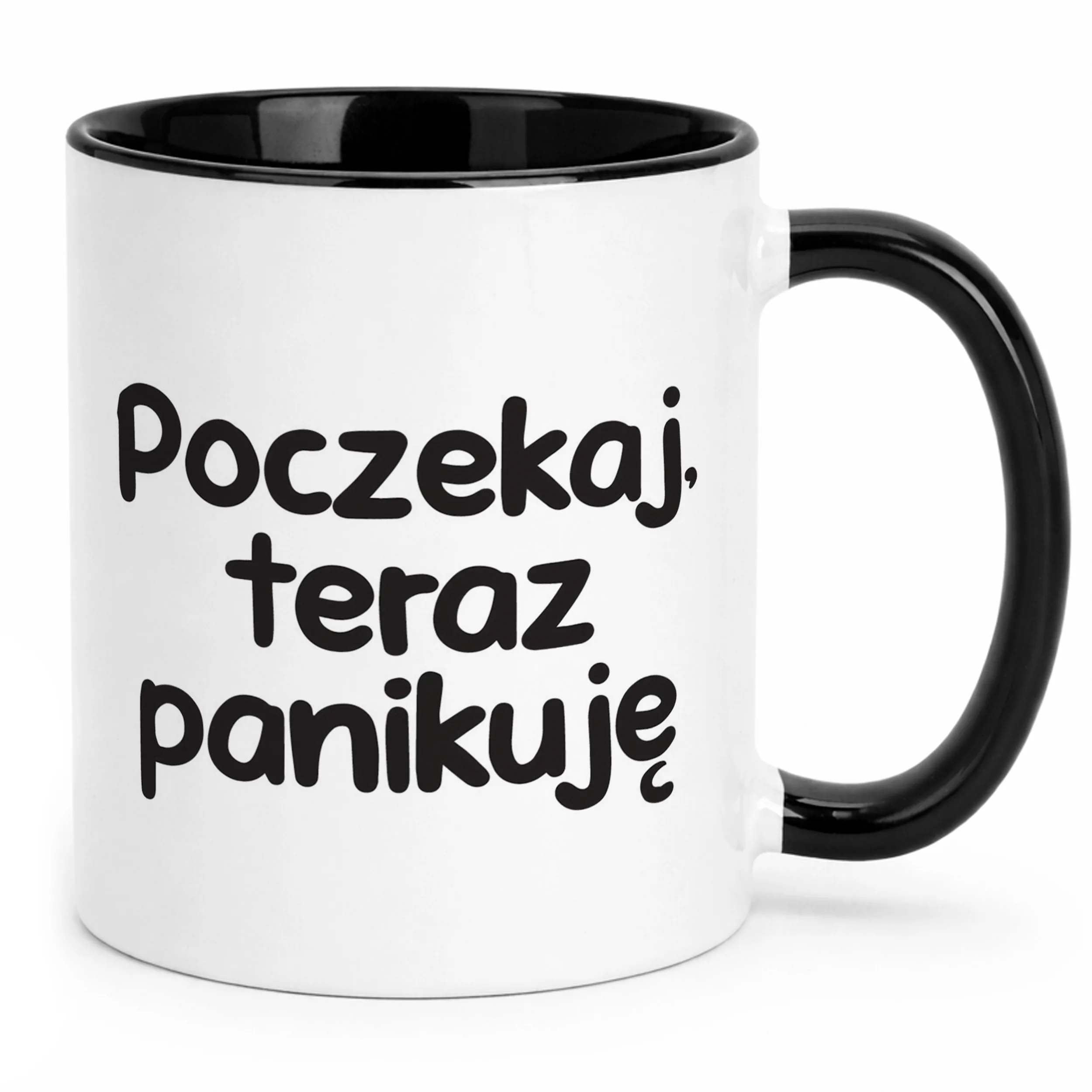 Kubek Czarny Poczekaj Teraz Panikuję Śmieszny Zabawny Prezent