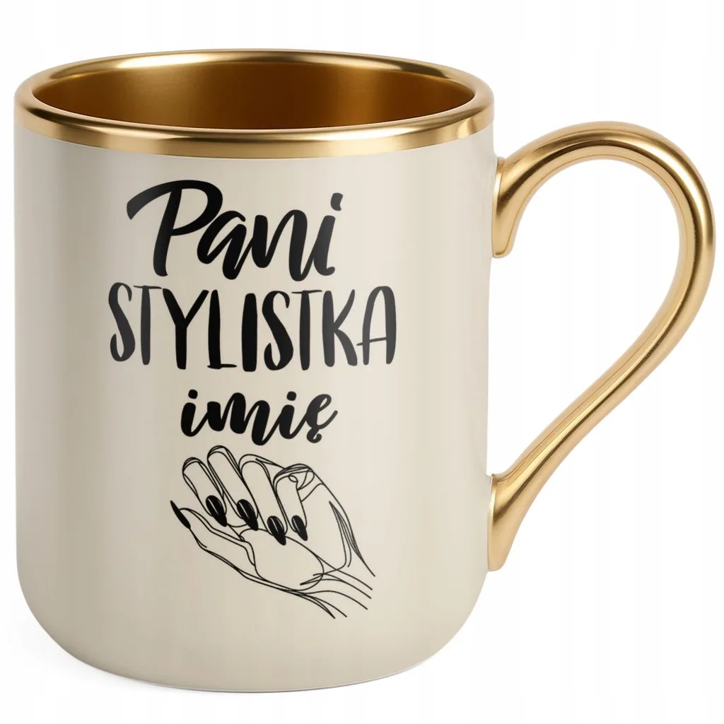 Kubek Premium Złoty Ecru Personalizowany Pani Stylistka Stylistka Paznokci