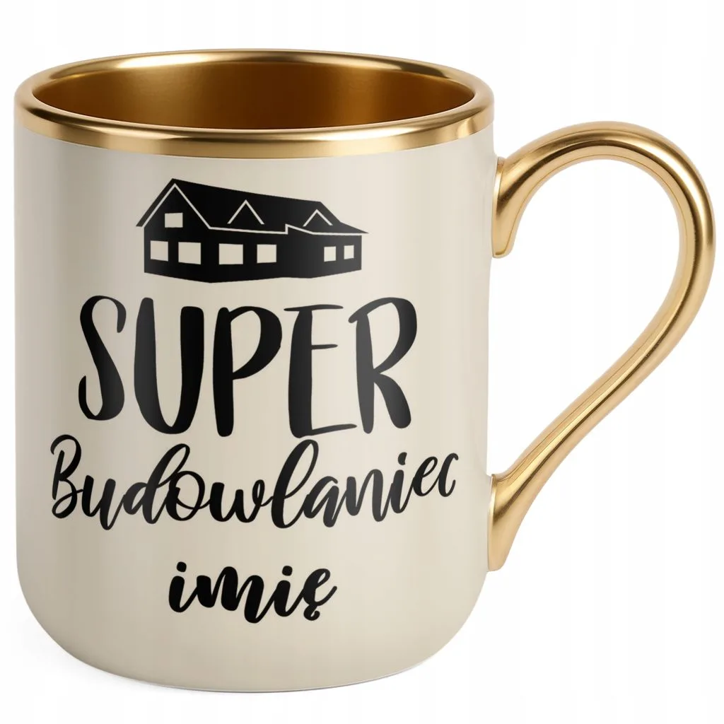 Kubek Premium Złoty Ecru Personalizowany Super Budowlaniec