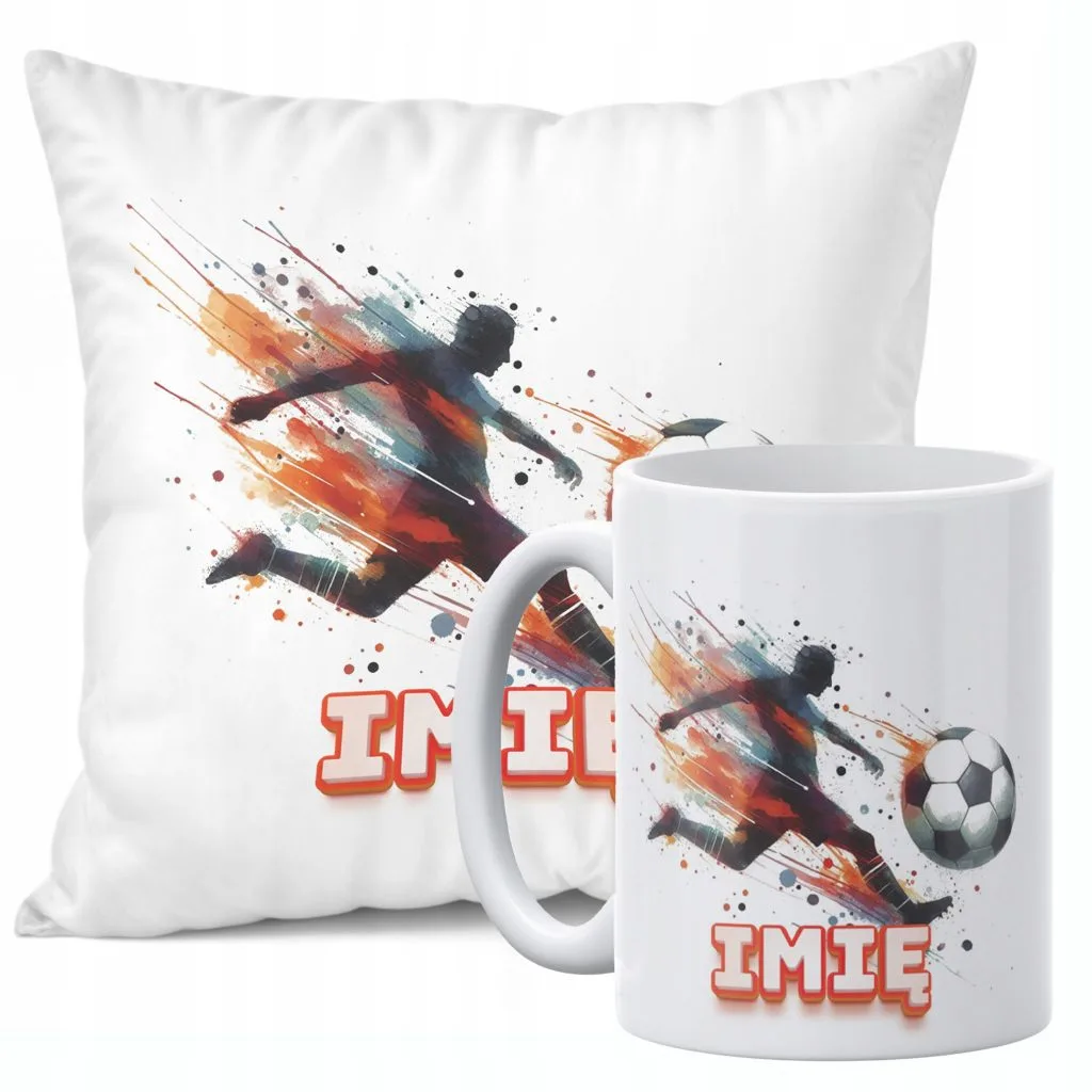 Zestaw Personalizowany Kubek + Poduszka 38×38 cm Piłka Nożna Dla Piłkarza