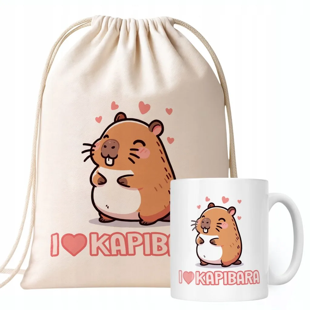 Zestaw Kubek + Plecak Kapibara Capybara Zwierzak Słodki Dla Dzieci Prezent