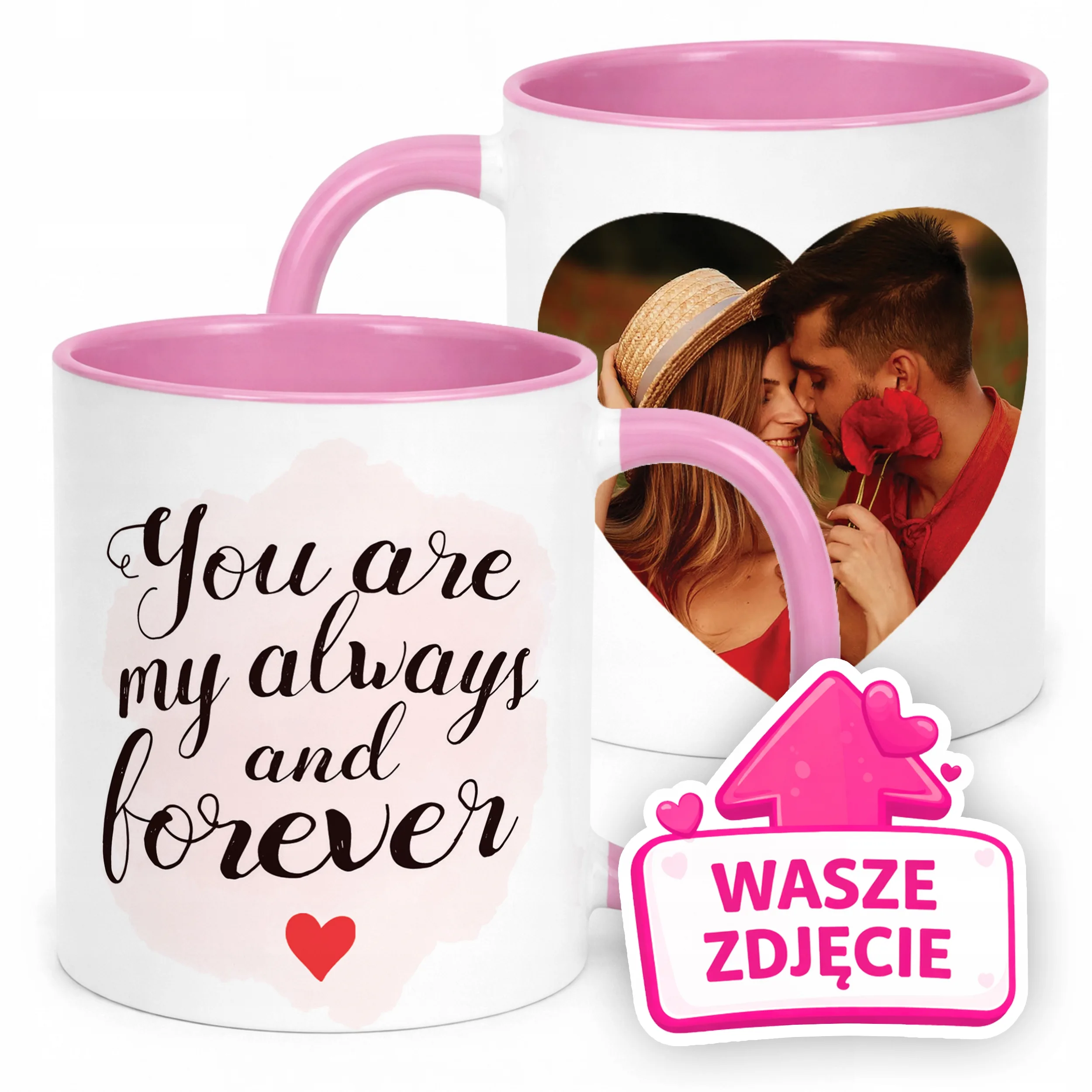 Kubek Różowy Z Własnym Zdjęciem Serce Walentynki Prezent Upominek