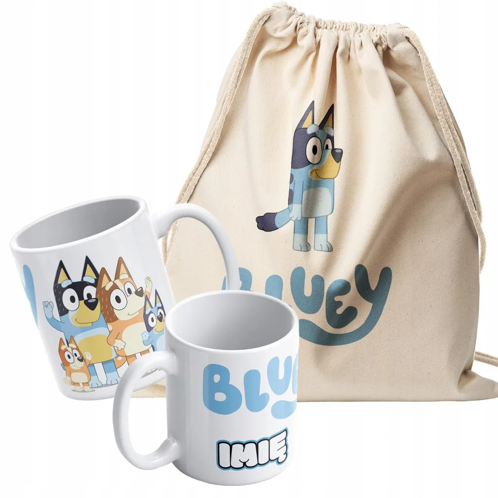 Zestaw plecak bawełniany + kubek z Imieniem Dla Fanów Serialu Bluey