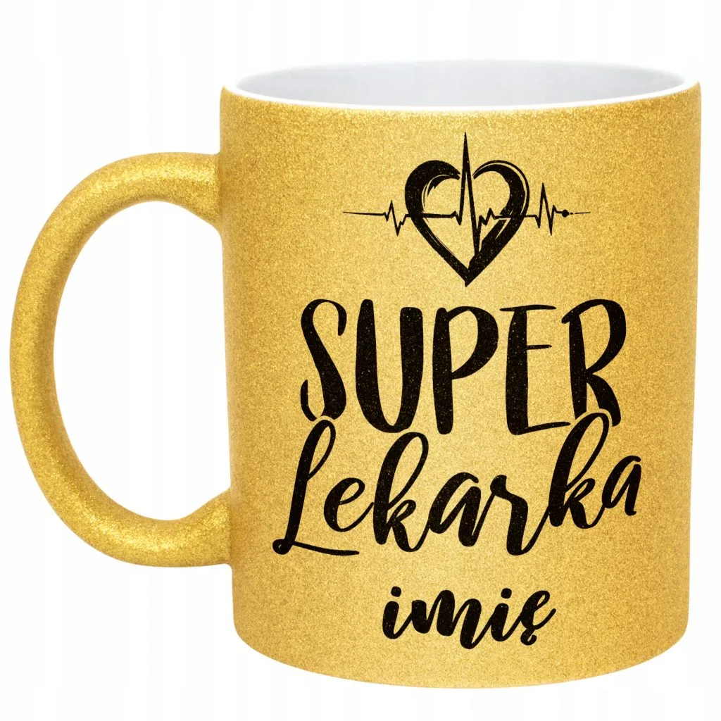 Złoty kubek brokatowy Personalizowany Super Lekarka Prezent Upominek