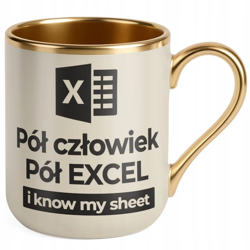 Kubek Premium Złoty Ecru Pół Człowiek Pół Excel Praca Zabawny Prezent