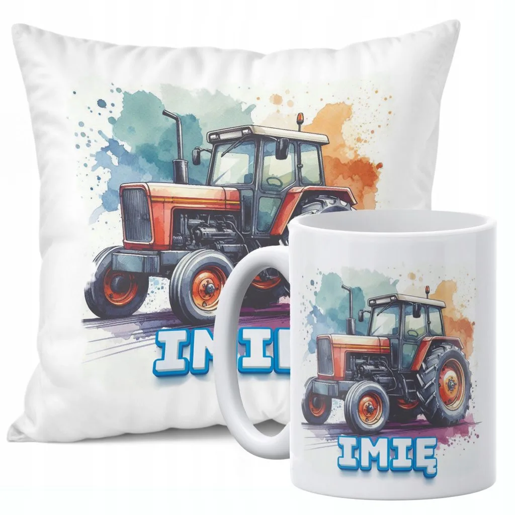 Zestaw Personalizowany Kubek + Poduszka 38×38 cm Traktor Dla Dzieci