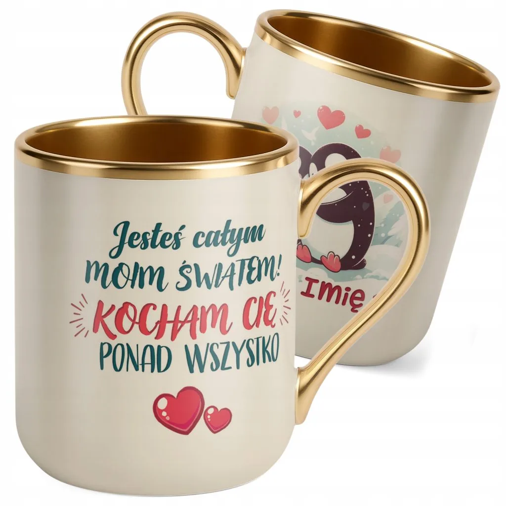Kubek Premium Złoty Ecru Personalizowany Na Walentynki Kocham Cię