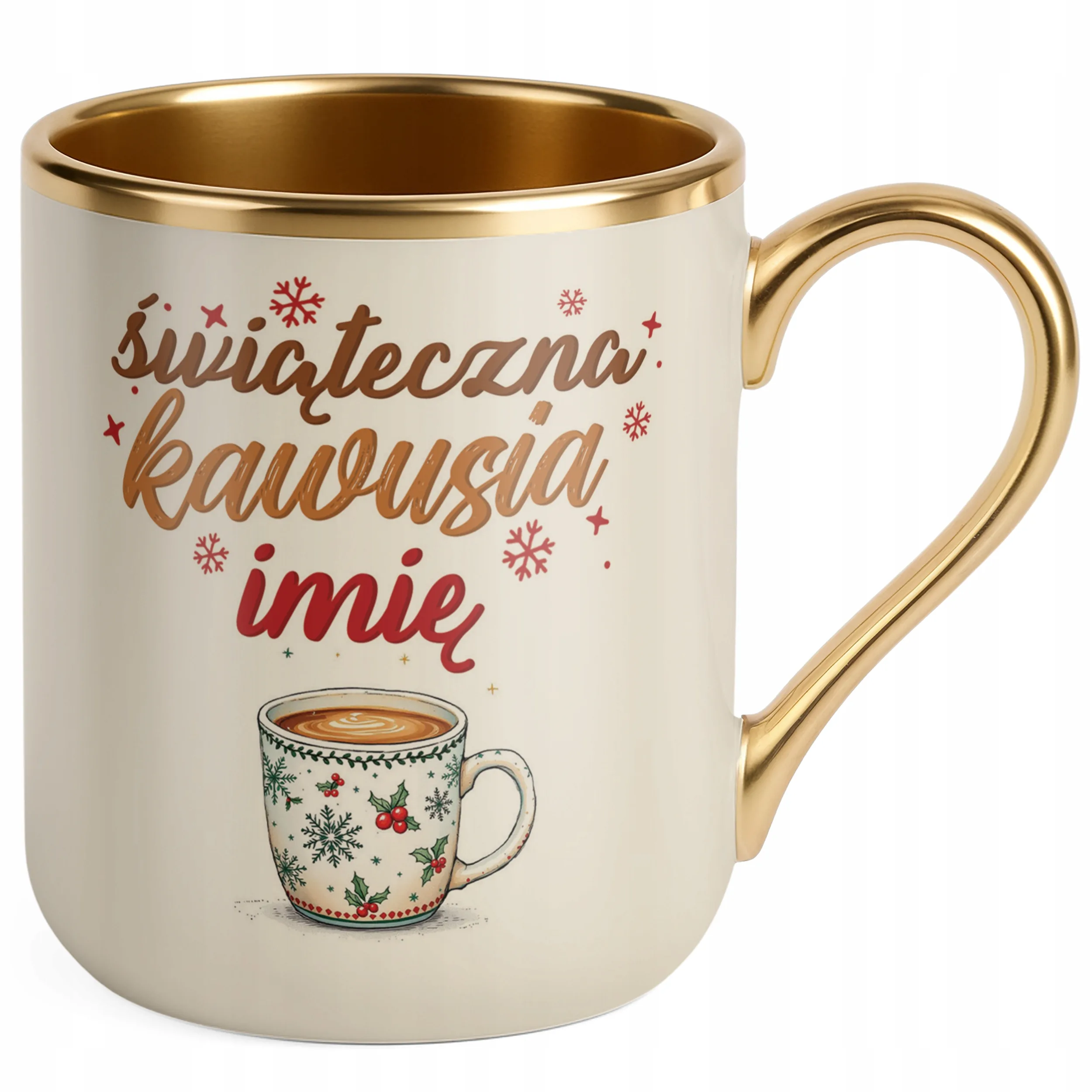 Kubek Premium Złoty Ecru Personalizowany Świąteczna Kawusia Prezent