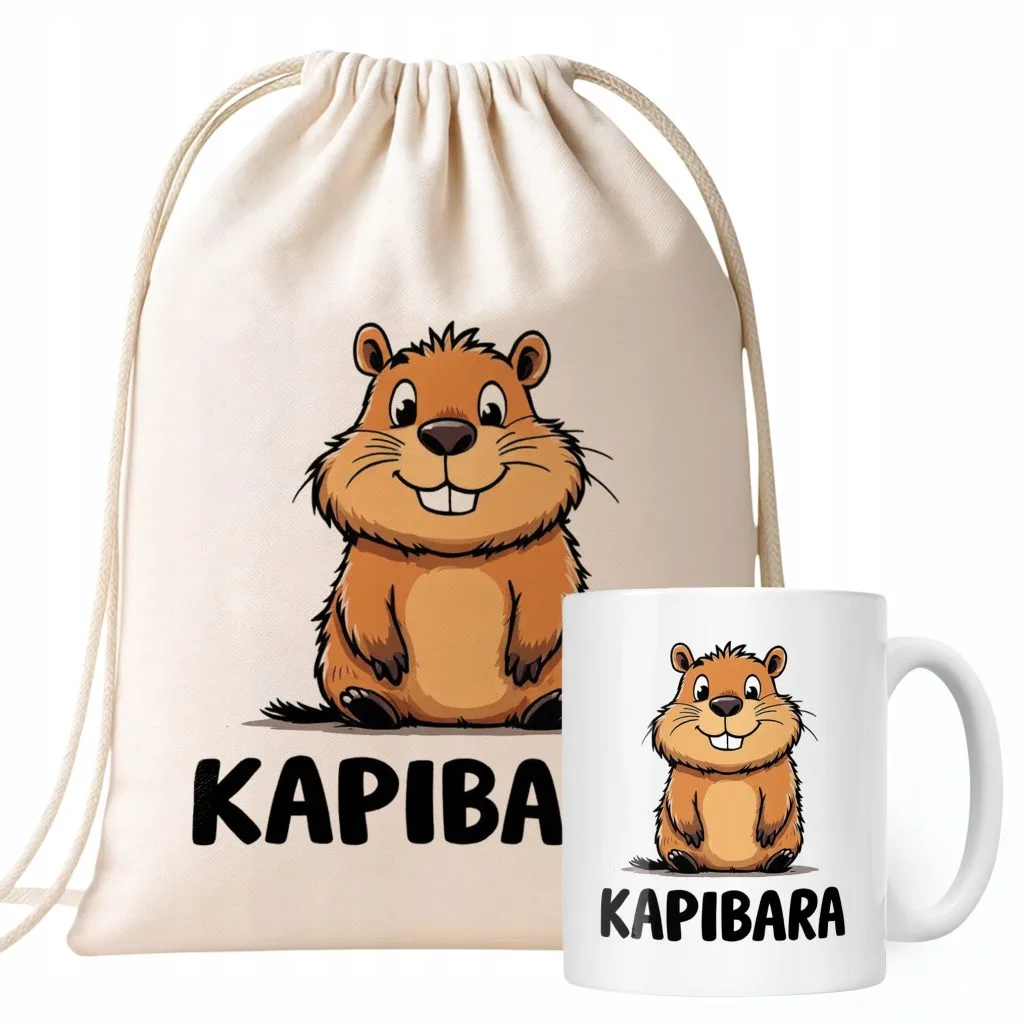 Zestaw Kubek + Plecak Kapibara Capybara Zwierzak Słodki Dla Dzieci Prezent