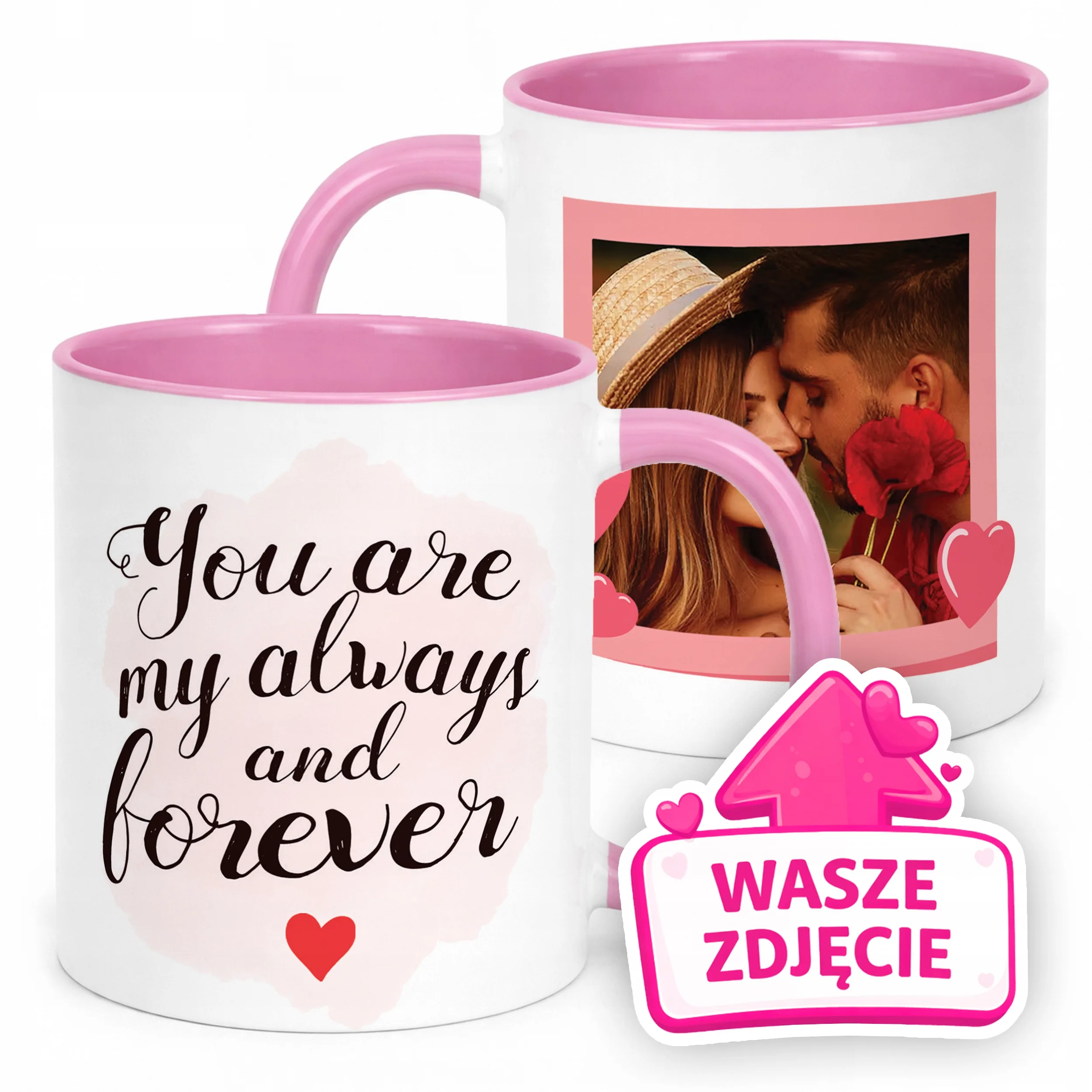 Kubek Różowy Z Własnym Zdjęciem Serce Walentynki Prezent Upominek