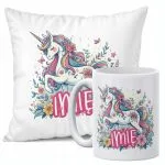 Zestaw Personalizowany Kubek + Poduszka 38×38 cm Z Imieniem Z Jednorożcem