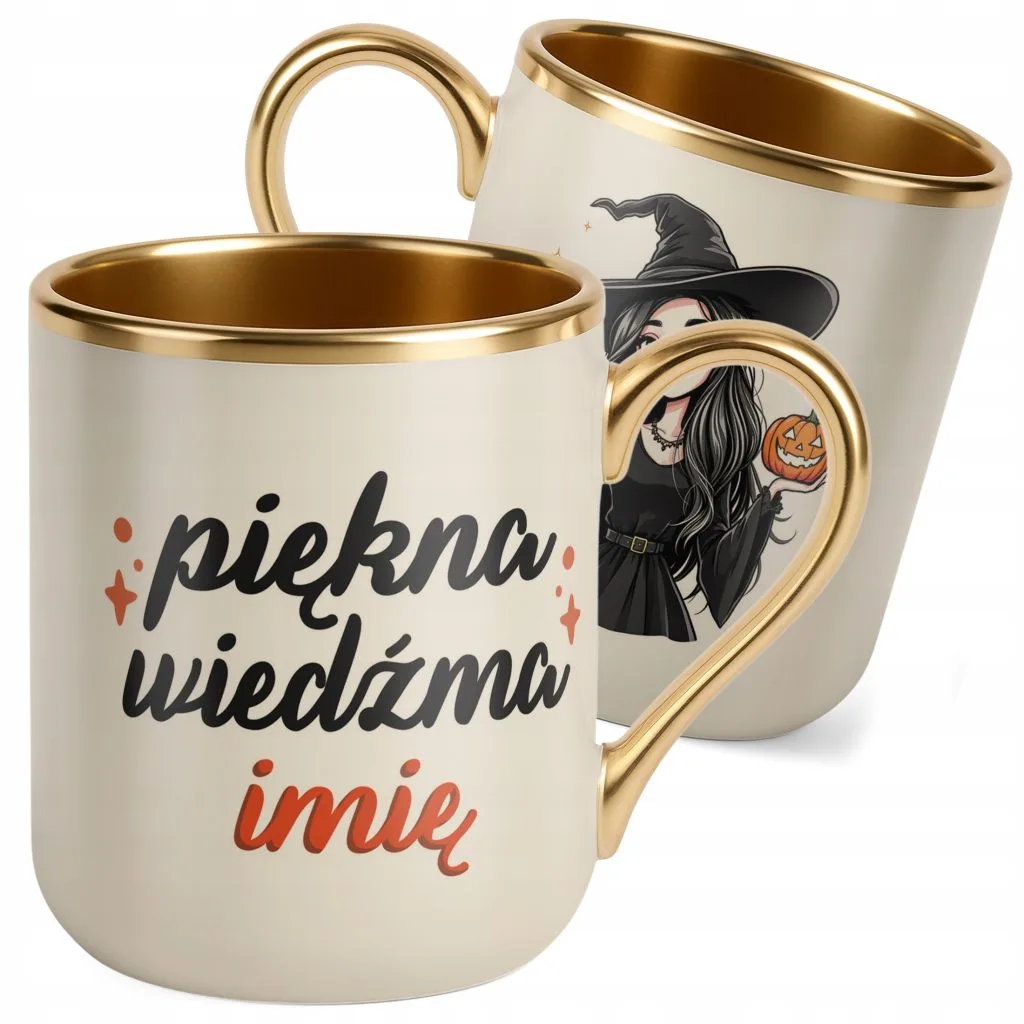 Kubek Premium Złoty Ecru Personalizowany Jesienny Piękna Wiedźma
