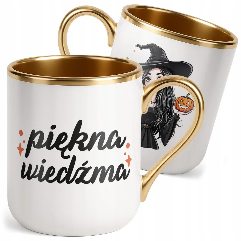Kubek Premium Złoty Halloween Piękna Wiedźma Dla Kobiety Prezent