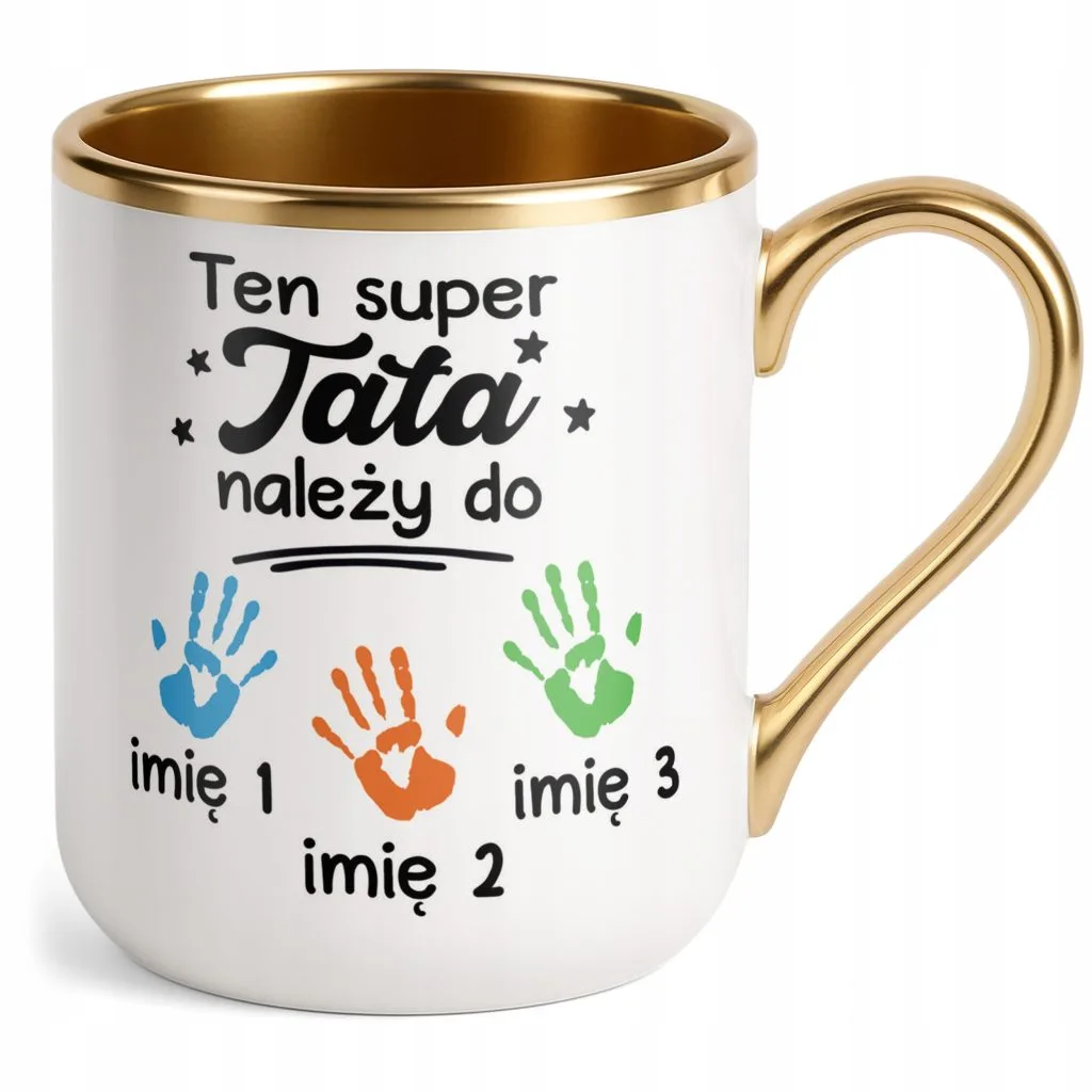 Kubek Premium Złoty Personalizowany Dzień Ojca Tata Należy Do 3 Dzieci