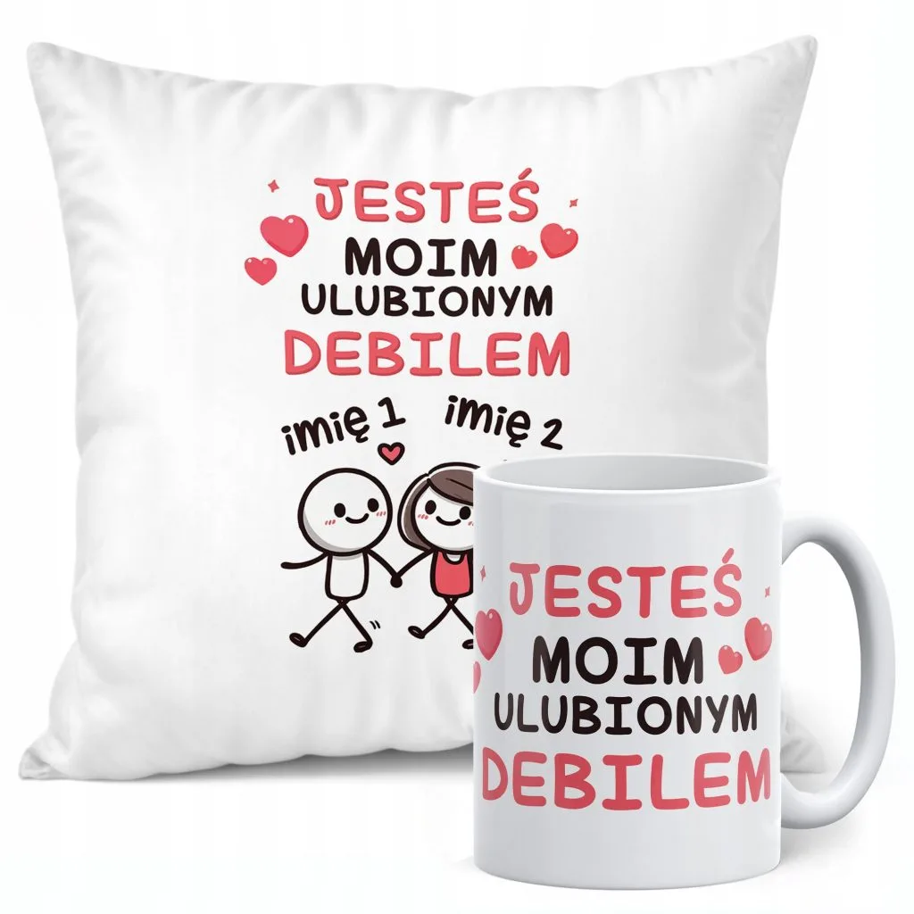 Zestaw Kubek + Poduszka 38×38 cm Walentynki Z imionami Dla Pary Prezent