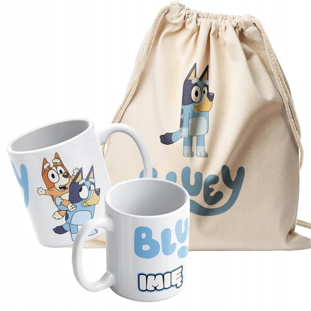 Zestaw plecak bawełniany + kubek z Imieniem Dla Fanów Serialu Bluey