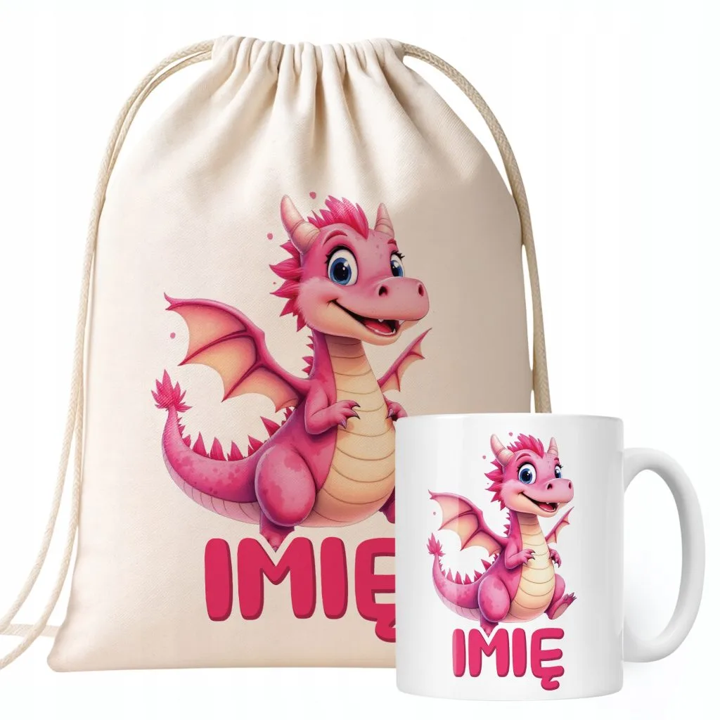 Zestaw personalizowany Kubek + Plecak Smok Zwierzak Słodki Prezent