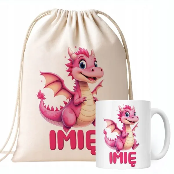 Zestaw personalizowany Kubek + Plecak Smok Zwierzak Słodki Prezent