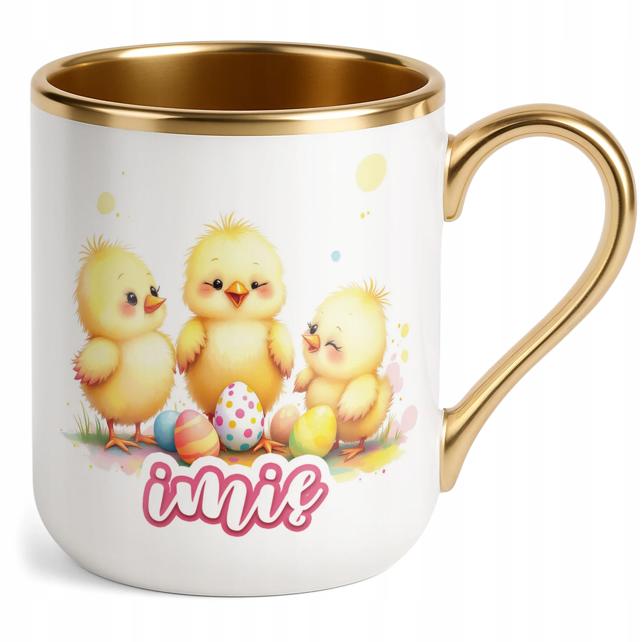Kubek Premium Złoty Personalizowany Wielkanoc Kurczaki Pisanki