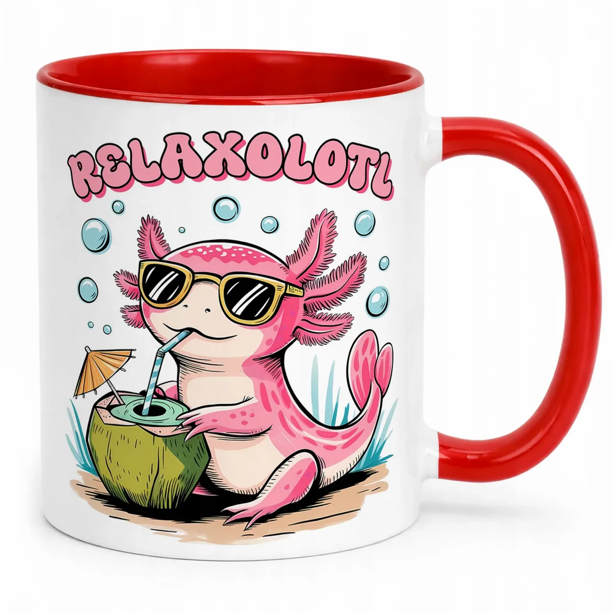 Czerwony kubek z uśmiechniętym zwierzęciem Aksolotl Axolotl Różowy