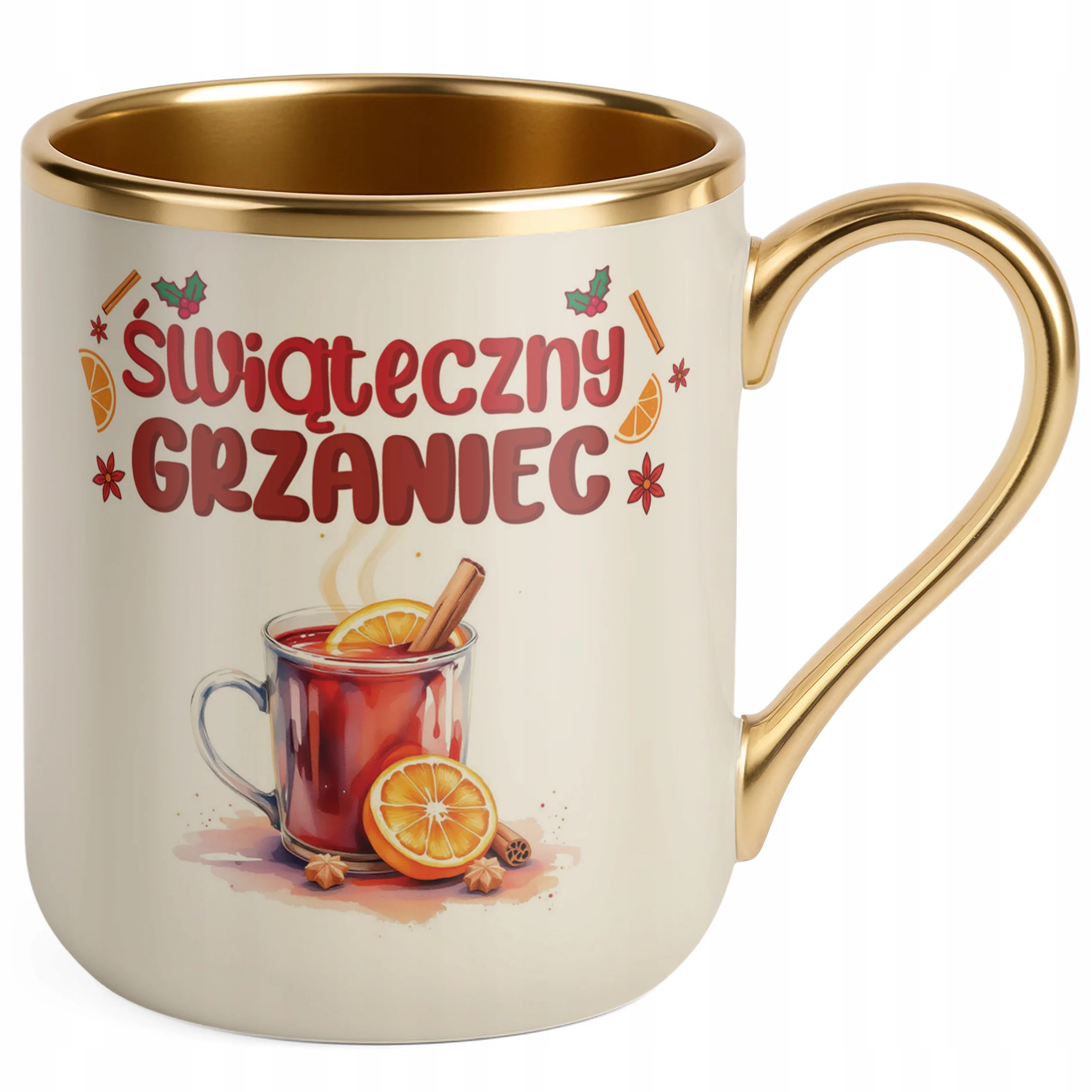 Kubek Premium Złoty Ecru Świąteczny Grzaniec Boże Narodzenie