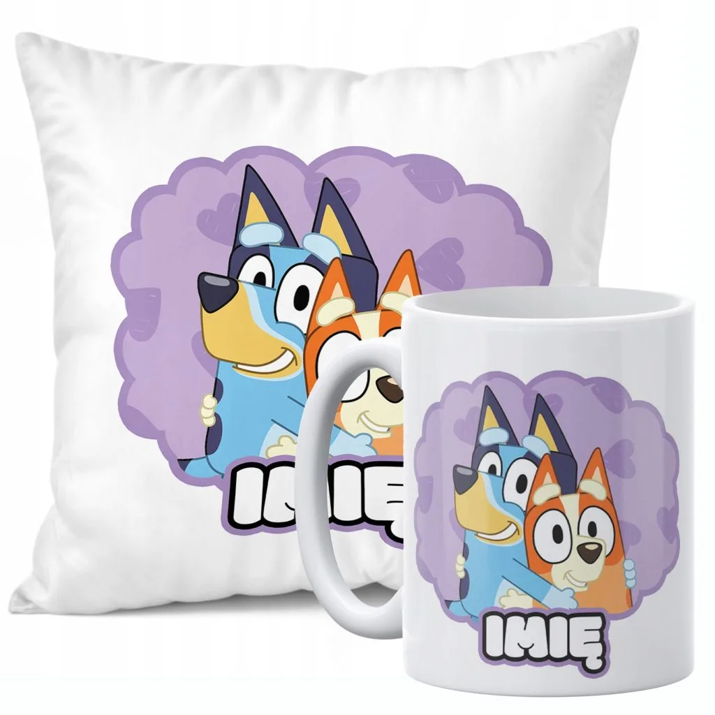 Zestaw Personalizowany Kubek + Poduszka 38×38 cm Dla Fanów Bajki Bluey