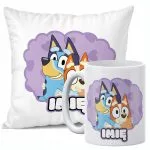 Zestaw Personalizowany Kubek + Poduszka 38×38 cm Dla Fanów Bajki Bluey