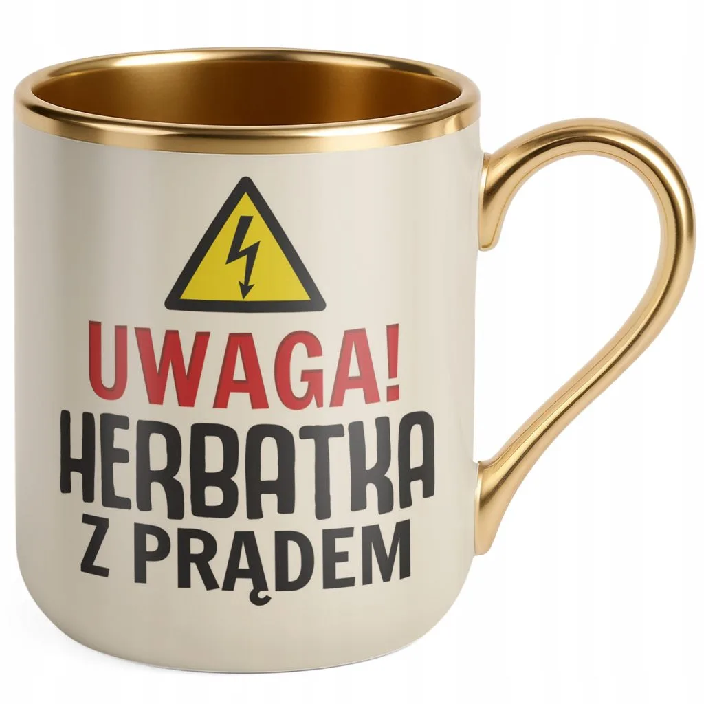 Kubek Premium Złoty Ecru Uwaga Herbata Z Prądem Zabawny Prezent Upominek
