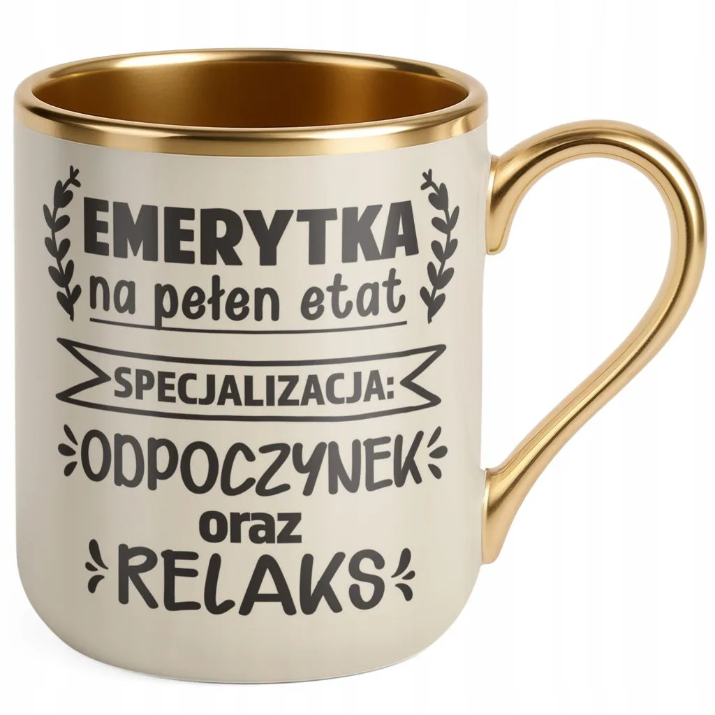 Kubek Premium Złoty Ecru Z okazji Emerytury Dla Emerytki Prezent