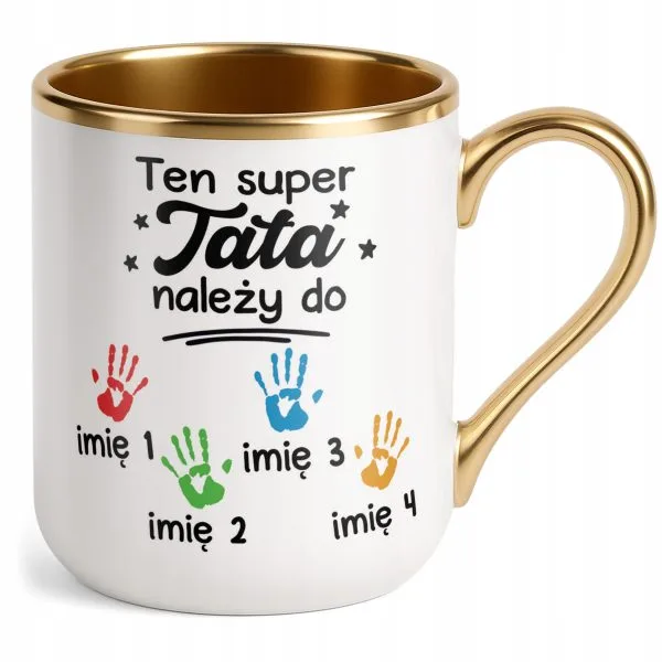 Kubek Premium Złoty Personalizowany Dzień Ojca Tata Należy Do 4 Dzieci