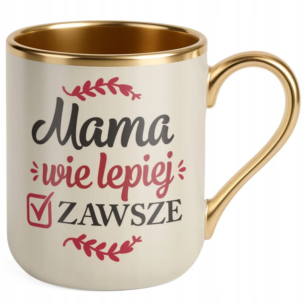 Kubek Premium Złoty Ecru Dzień Matki Prezent Mama Wie Lepiej Zawsze