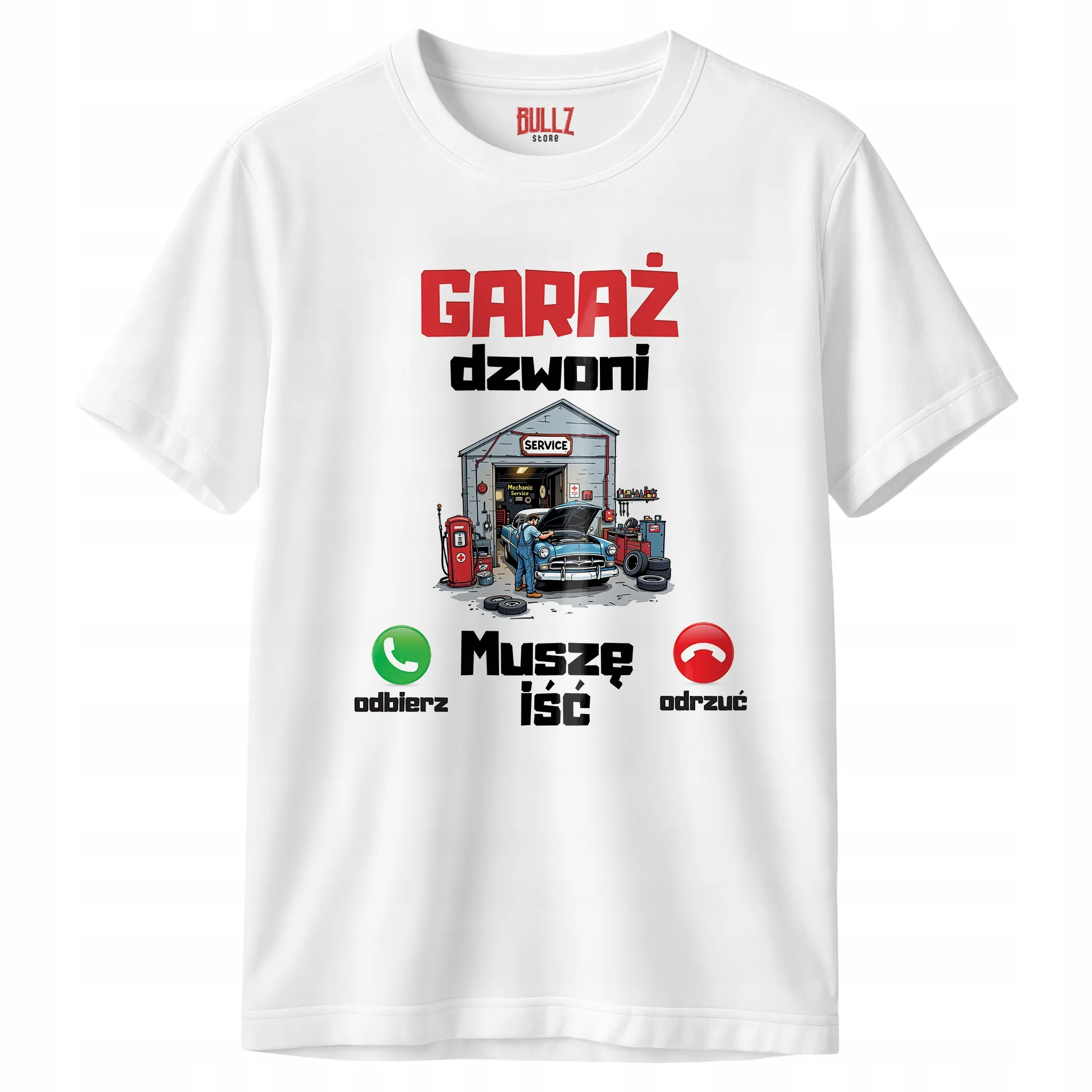 Koszulka biała męska Garaż Dzwoni Mechanik Zabawny Prezent