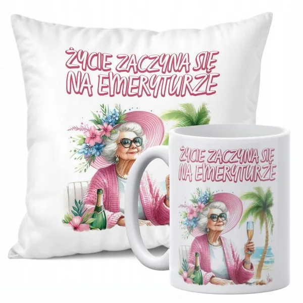 Zestaw Kubek + Poduszka 38x38 cm Emerytura Dla Emerytki Z Okazji Emerytury