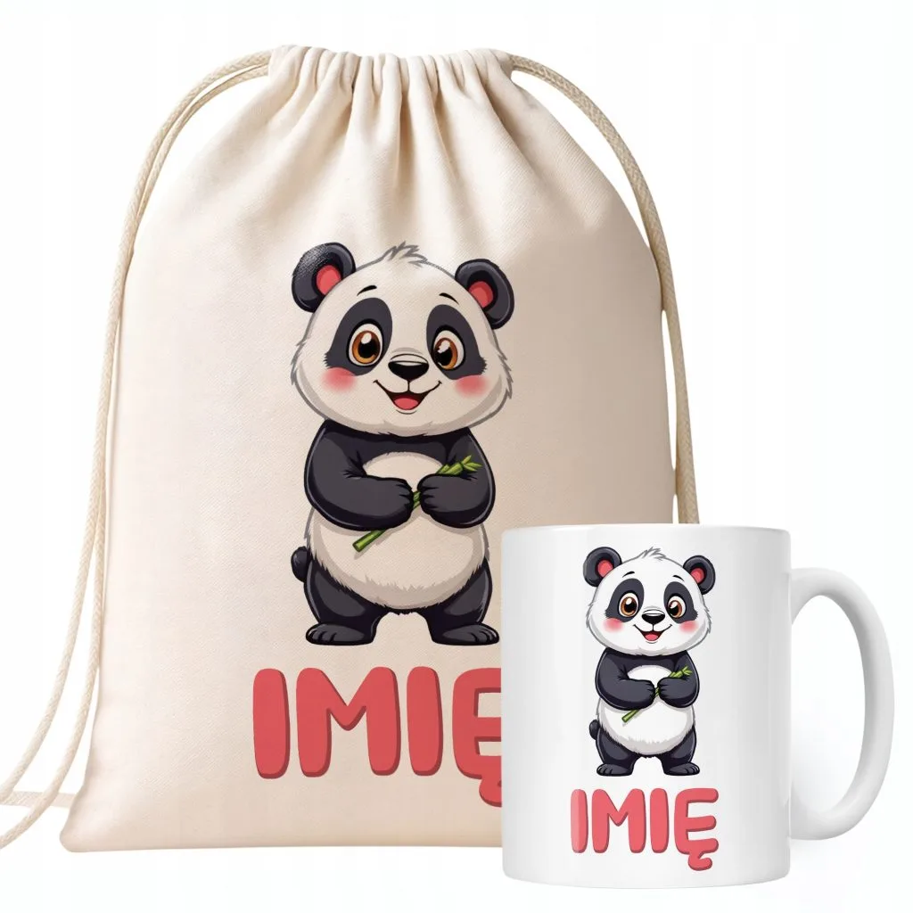 Zestaw personalizowany Kubek + Plecak Panda Zwierzak Słodki Prezent