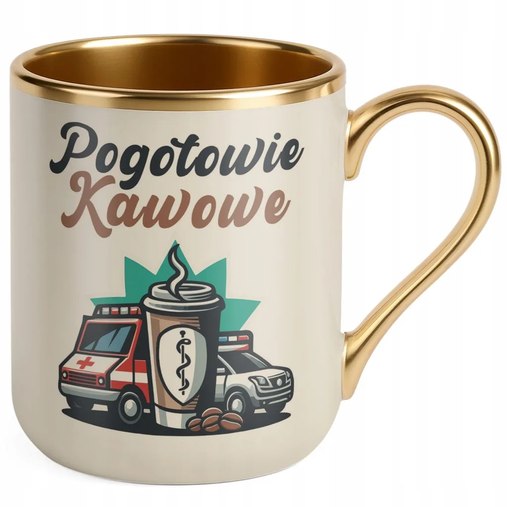 Kubek Premium Złoty Ecru Pogotowie Kawowe Zabawny Prezent Kawa