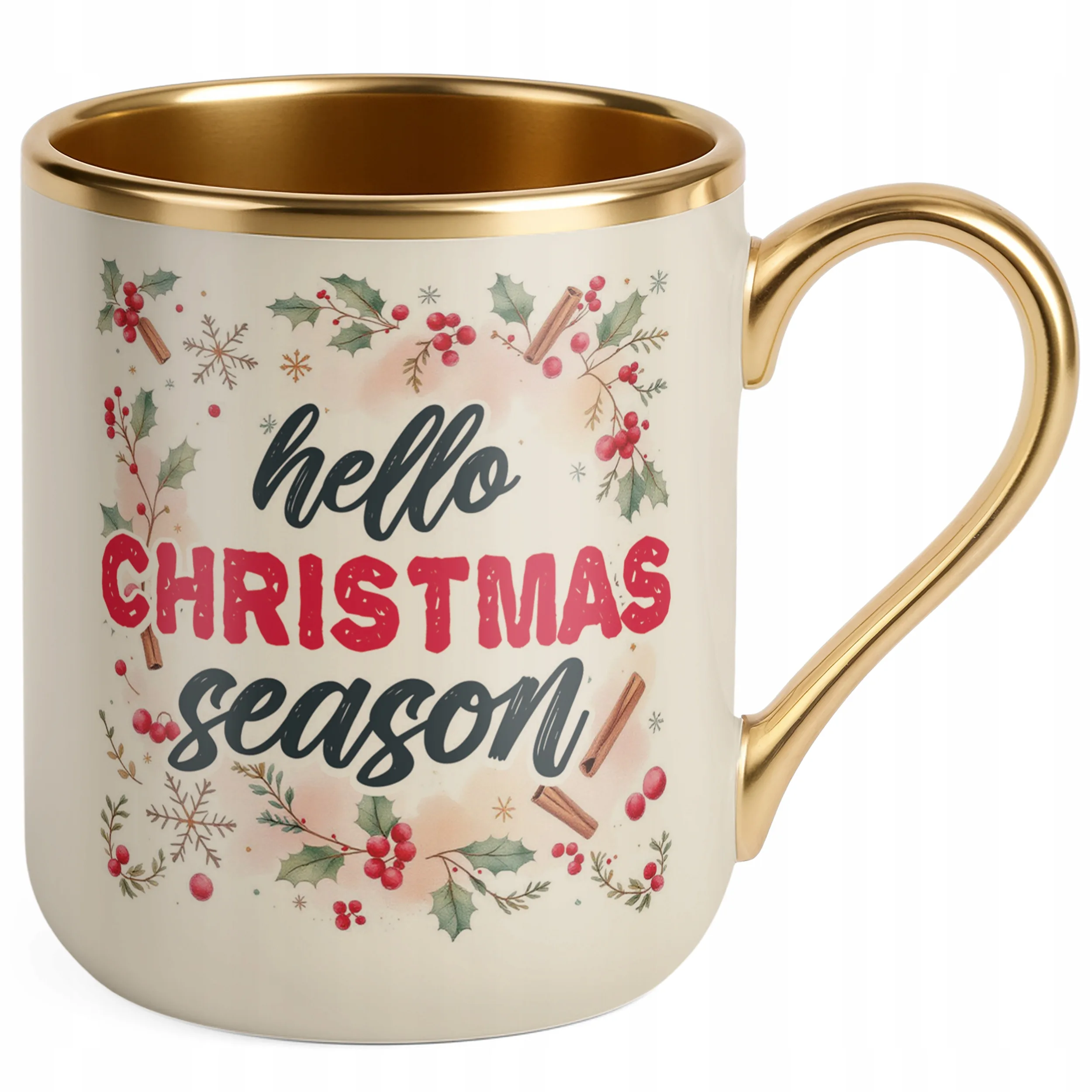 Kubek Premium Złoty Ecru Świąteczny Hello Christmas Boże Narodzenie