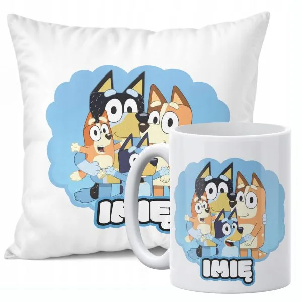 Zestaw Personalizowany Kubek + Poduszka 38x38 cm Dla Fanów Bajki Bluey