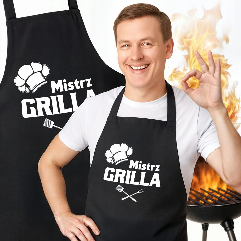 Bawełniany Czarny Fartuch Kuchenny Mistrz Grilla Fartuszek Z Nadrukiem