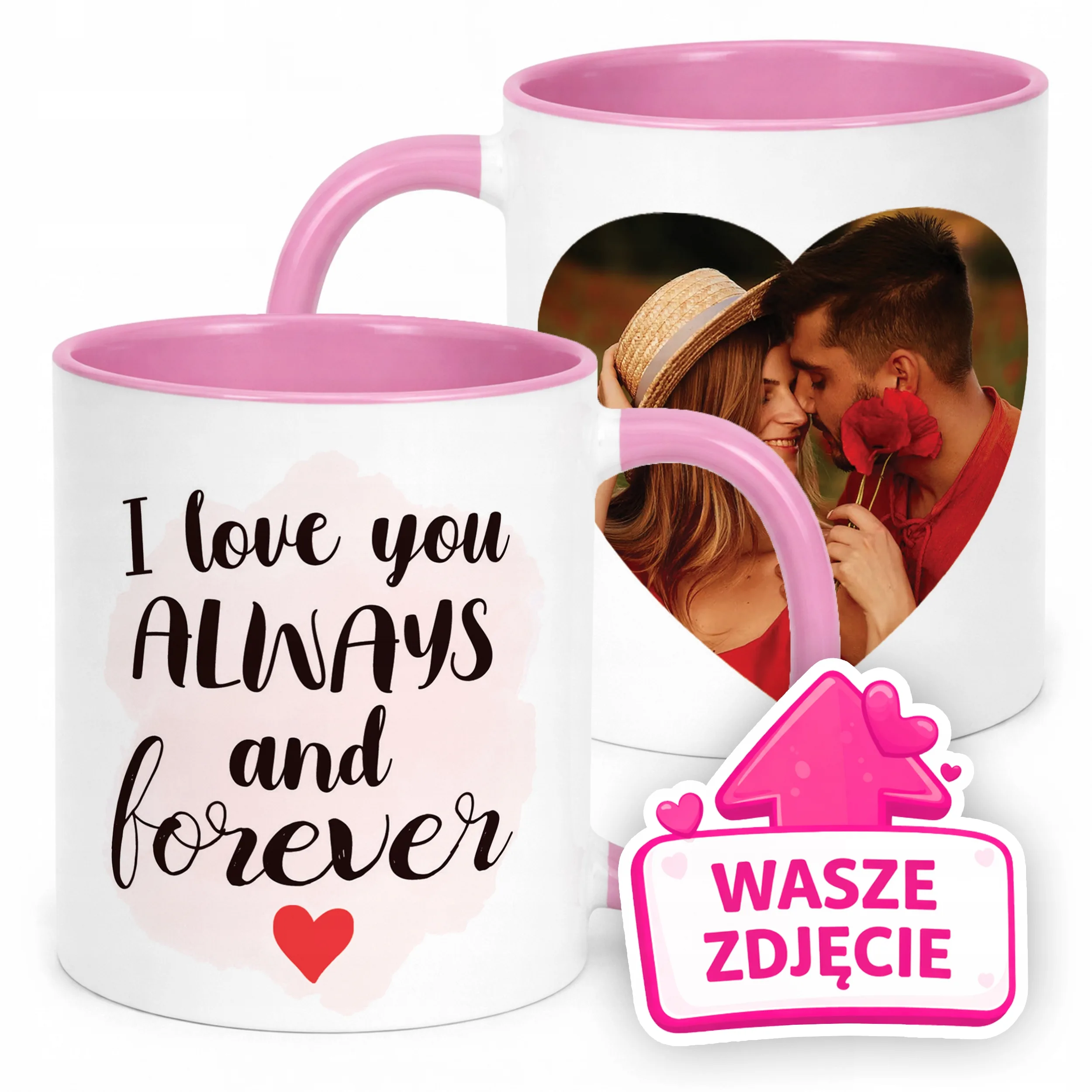 Kubek Różowy Z Własnym Zdjęciem Serce Walentynki Prezent Upominek