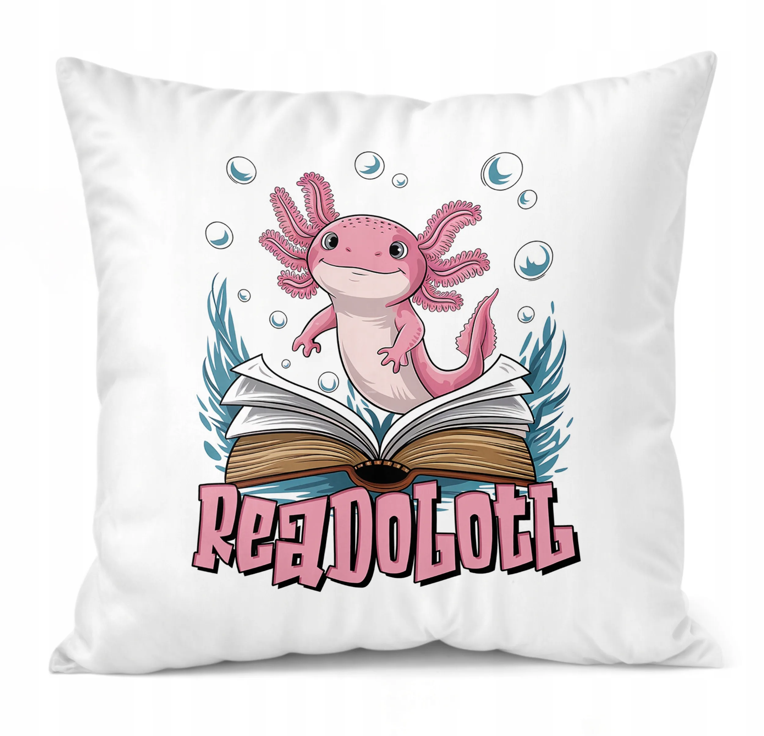 Poduszka biała 40×40 cm nadruk Aksolotl Axolotl Różowy Zwierzak Trend HIT